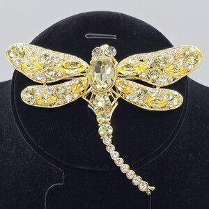 Joan Boyce Yellow Gold Rhinestone Crystal Dragonfly Pin Pendant Brooch Large